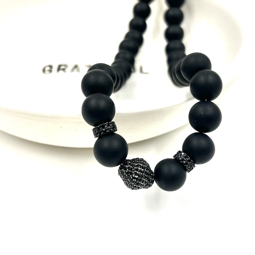 Matte black agate beaded necklace with black spinel and sterling silver …